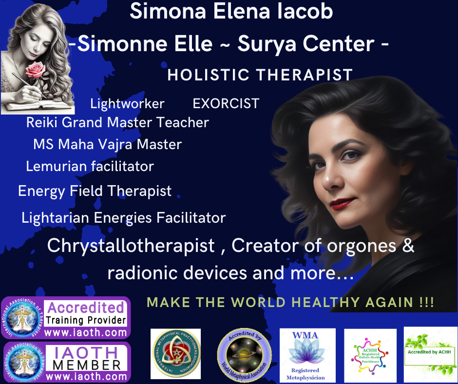 A promotional image for Simona Elena Iacob, a holistic therapist, featuring her name, qualifications, and various therapeutic services she offers. The background is dark with a stylized portrait of her and a rose, alongside accreditation logos.