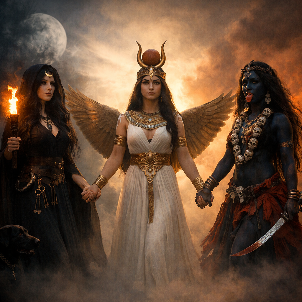 🌑 HECATE – ISIS – KALI: DEMONIZAREA ZEIȚELOR ȘI TRANSFERUL ATRIBUTELOR CĂTRE SFINȚI ȘI MAEȘTRI ASCENSIONAȚI
